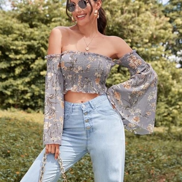 Tops - Floral top ruched bell sleeve soft blue off shoulder sexy summer spring top